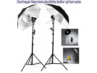 2Pieces Photographic Reflective Umbrella Lighting Kit/Soft Box: Black/Silver +2 Light Tripod+2 Lamp Base